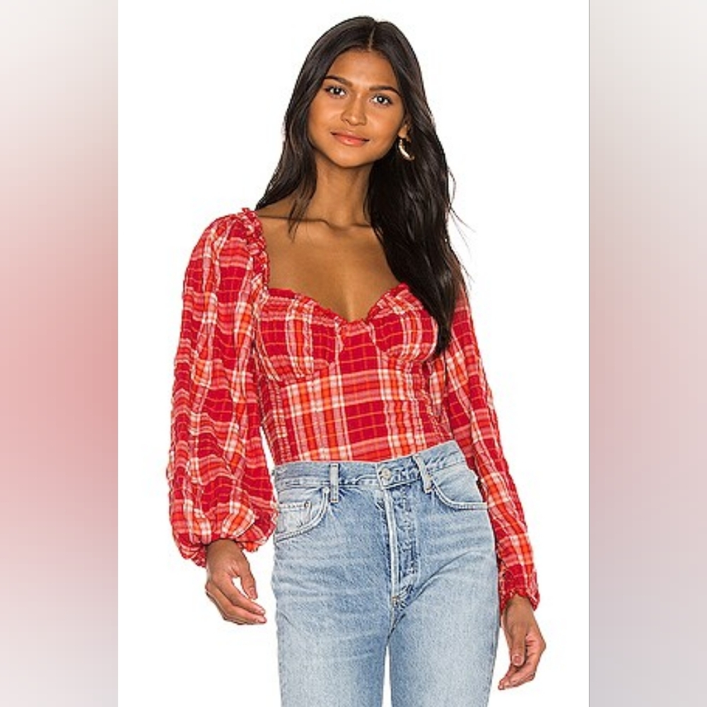Brand New Red & Tan Free People Balloon Sleeve Smocked Top